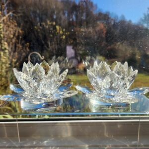 Crystal Lotus Flower Candle Holders w Candles Holly Shape Leaf Set 2 Shannon VTG